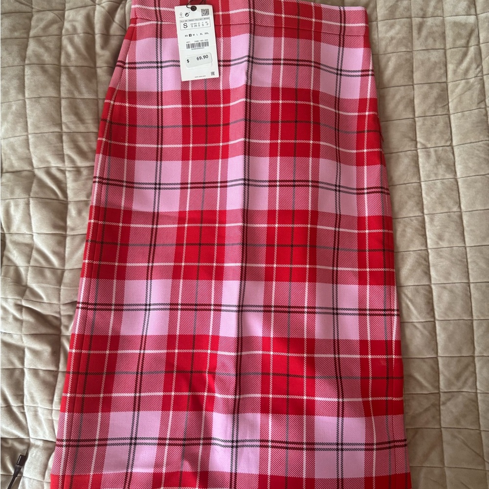 Zara Pink and Red Plaid Pencil Skirt